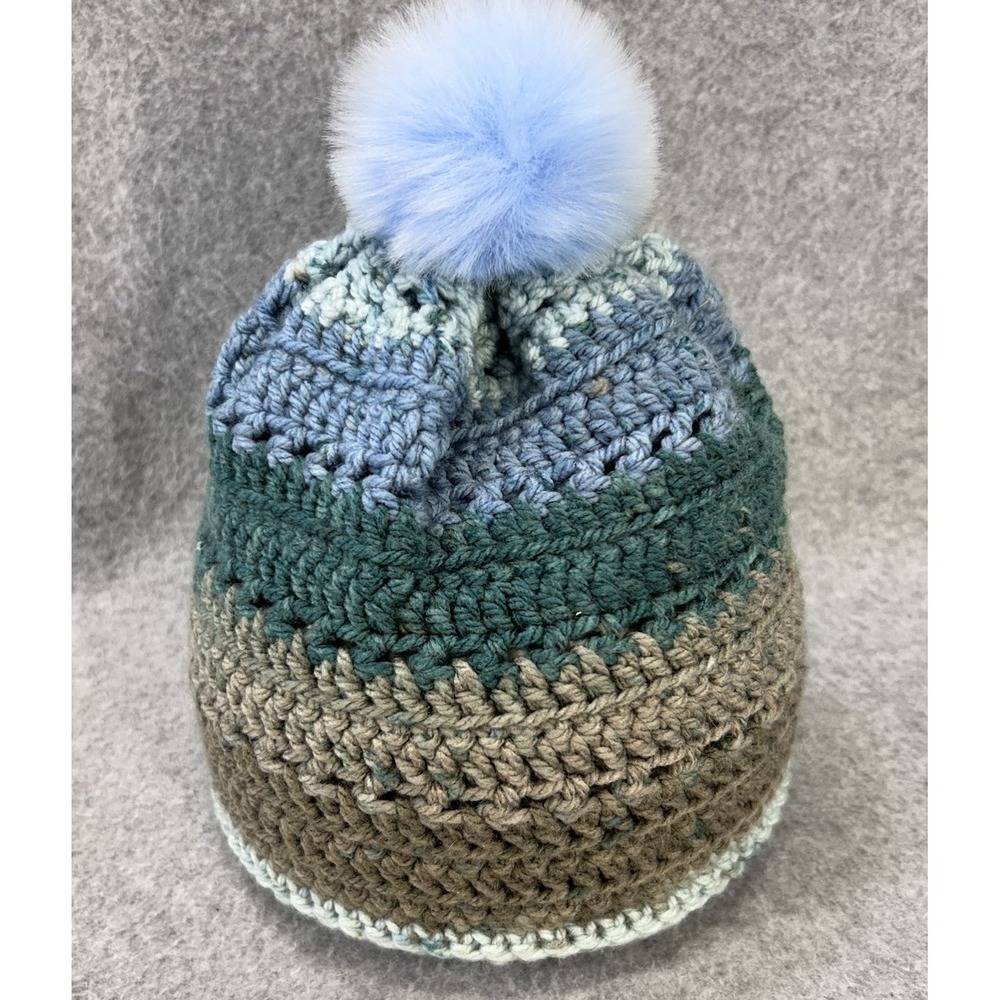 Hand Knit Beanie Pom Pom Chunky Crochet Hat Blue Green Grey Winter Cap
